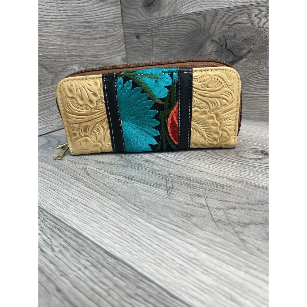Hand Made Wallet From Mexico Tan Leather With floral Stitching